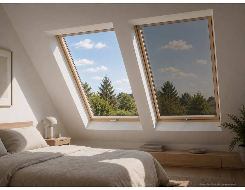 Getinte warmtewerende folie voor Velux-dakramen: optimaal thermisch comfort zonder het natuurlijke daglicht te verminderen.